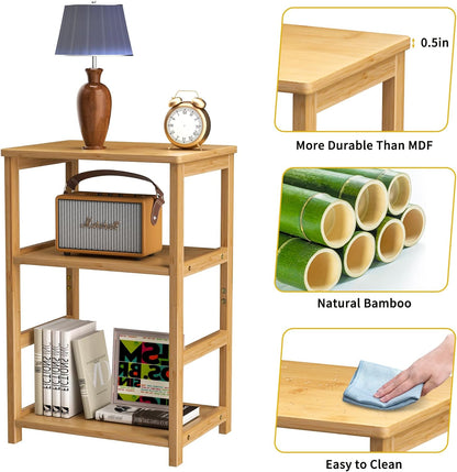 VASMIA 3-Tier End Table, Side Table with Storage Shelf, Bamboo Nightstand Bedside Table for Small Spaces, Bedroom