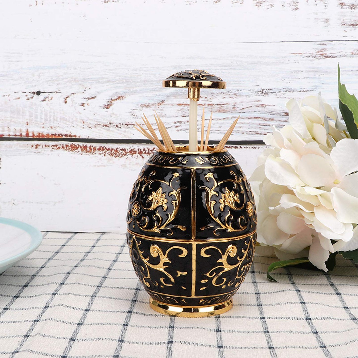 Pssopp Retractable Toothpick Holder, European Vintage Egg Shaped Toothpick Dispenser with Fully Sealed Design and Elegant Flower Carvings, Tin Alloy Storage Container for Home (Golden Black Glue)