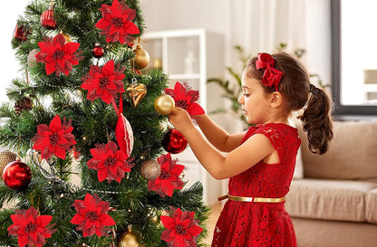 RECUTMS 10 PCS Red Glitter Poinsettia Flowers, Artificial Christmas Decorations for Tree, Wreath, New Year Ornaments