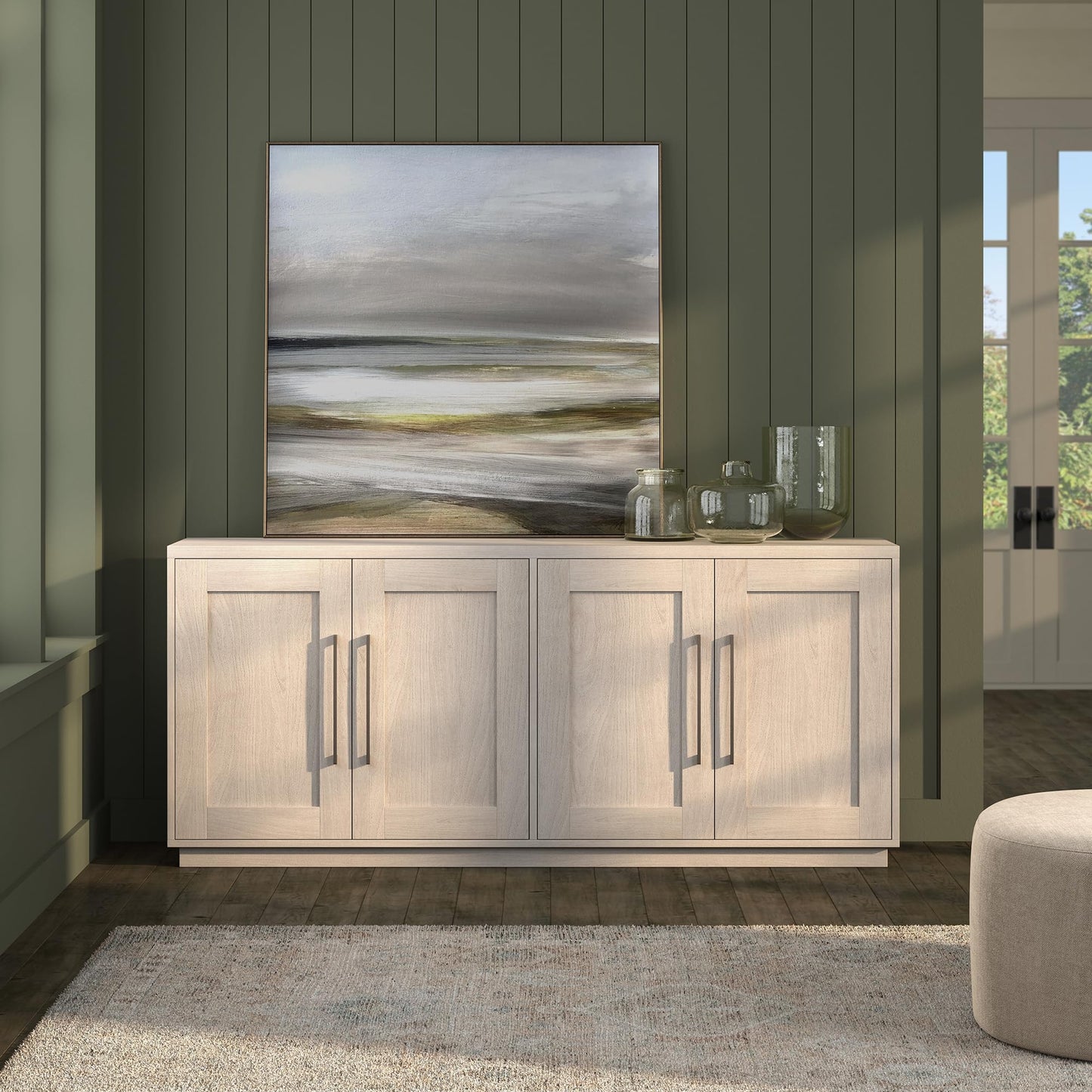 Henn&Hart 68" Sideboard Buffet Cabinet, Modern Credenza with 4 Panel Doors, Adjustable Shelves, and Cable Management Cut-Outs for Dining Room, Kitchen, Living Room or Entryway, Beech White