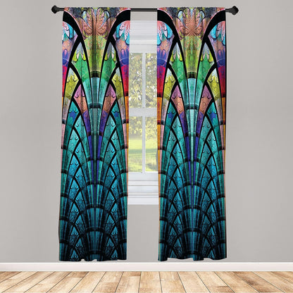 Ambesonne Abstract Window Curtains - Curves Pattern with Weathered Colors and Blue Ombre Detail, 2-Panel Set 28" x 84"