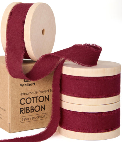 Vitalizart Burgundy Cotton Ribbon Handmade Fringe 5/8" x 21 Yd Red Pure Natural Cotton Ribbons for Gift Wrapping Wedding Invites Bridal Shower Bouquets Holiday Decor