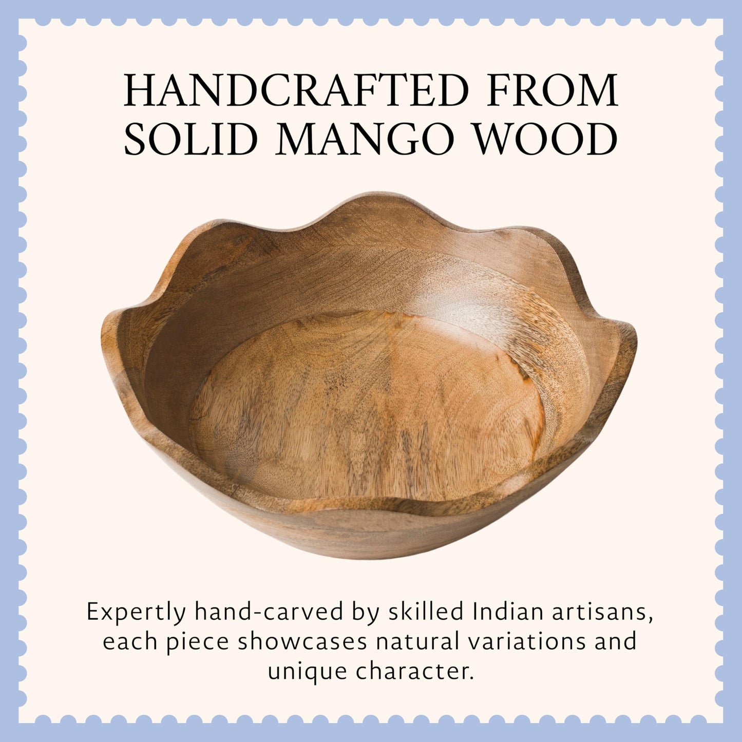 Mela Artisans 12-Inch Mango Wood Scalloped Bowl - Hand-Finished Decorative Serving and Fruit Bowl with Natural Grain for Kitchen Counter, Snacks, Desserts, Bread and Home Decor Centerpiece