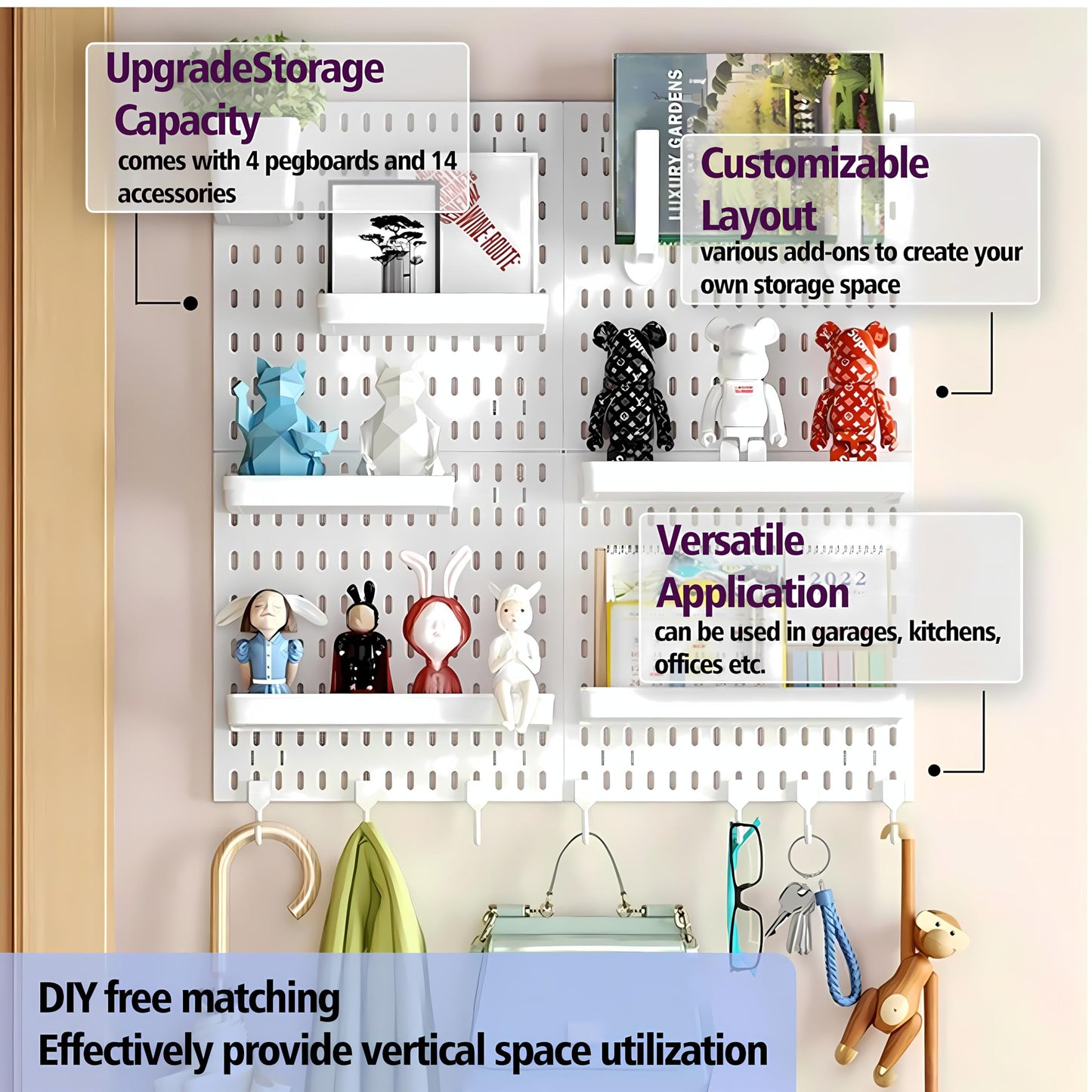 Hellpnoom Pegboard Combination Kit, Modular White Pegboard Wall Organizer with 4 Pegboards & Accessories Hanging for Gaming Office Wall Storage Organizer, Crafts Displays
