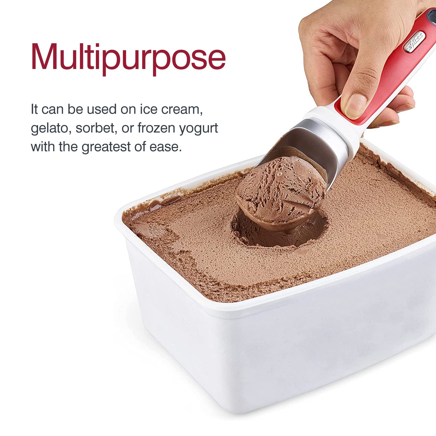 Zyliss Right Scoop Ice Cream Scoop - Ergonomic, Dishwasher-Safe Ice Cream Scooper Perfect for Gelato, Sorbet, Frozen Yogurt & More - Red