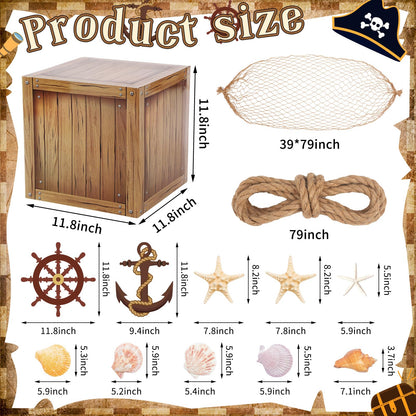 JellyArch 18 Pcs Pirate Party Decorations Imitation Wooden Box Fishing Net Car Trunk or Treat Gasparilla Style Decor Ocean or Pirate Party Favors Adventure Birthday Photo Booth Props