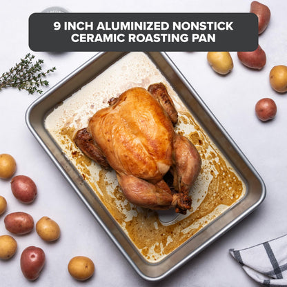 Viking Premium 13 x 9-Inch Nonstick Ceramic Roasting Pan, Made without PFAS, Heavy Gauge Aluminized Steel Baking Pan Sheet with Reinforced Iron Frame, Even Heating Cookware, Oven Safe to 475F, Silver