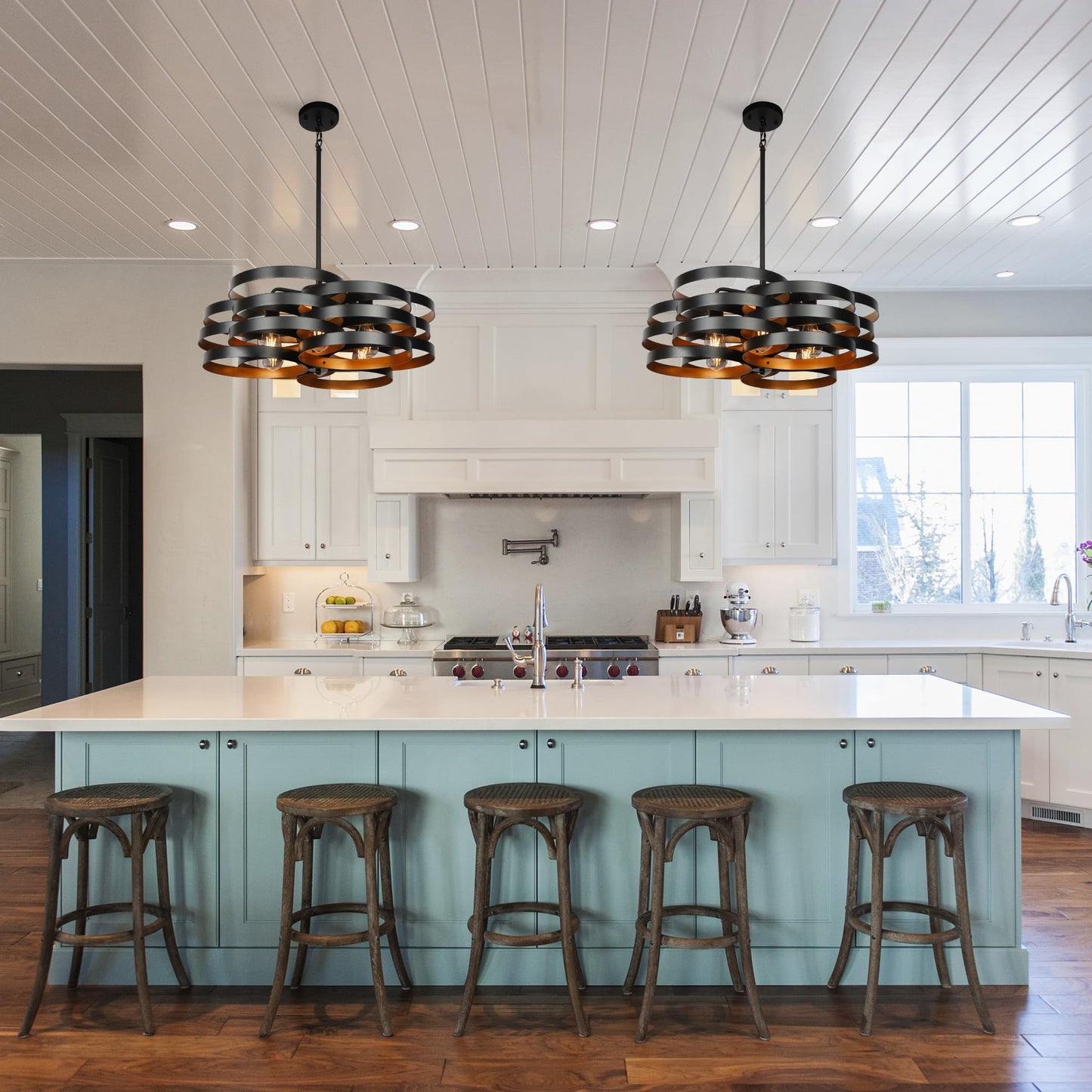 CNRATYE 6-Light Modern Farmhouse Chandeliers for Dining Room, Rustic Multiple Rings Pendant Lighting, Industrial Metal Round Chandelier for Kitchen Entryway, Black with Gold Interior