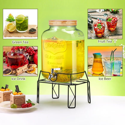 2 Gallon Drink Dispensers with Stand, Glass Beverage Dispenser with Stainless Steel Spigot and Bamboo Lid,Lemonade Dispenser,Glass Drink Dispensers for Parties, Weddings