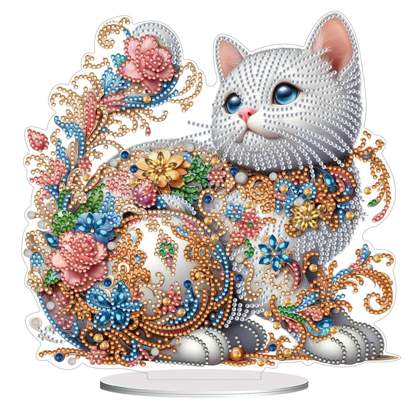 ACSAUMMY 5D Diamond Art Kits for Adults, Diamond Art Painting Desktop DIY Diamond Art Tabletop White Cat Diamond Arts and Crafts for Kids Adults Stand Up Gem Painting Kit for Decoration
