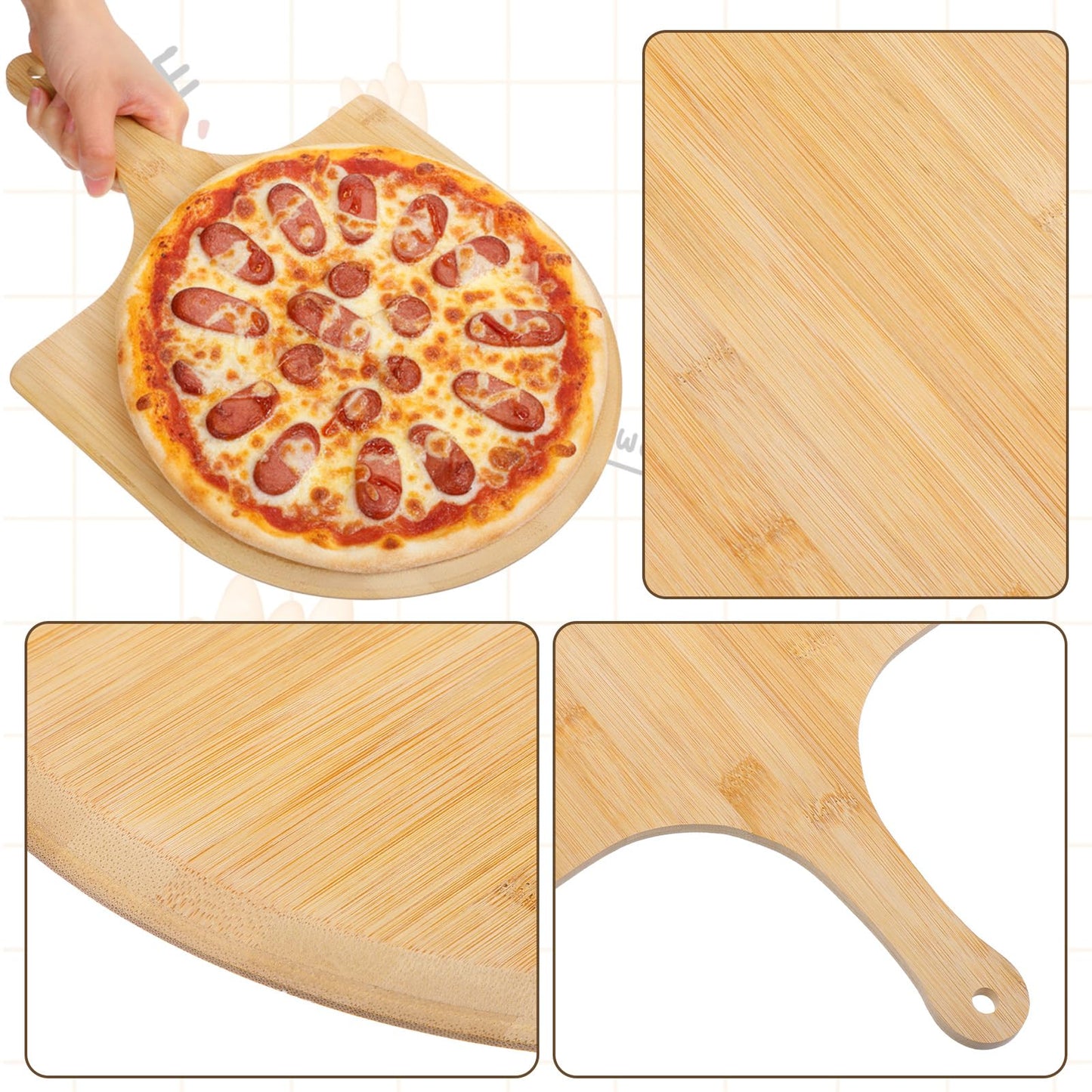 Afcabakila 2 Pcs Bamboo Pizza Paddle, 12 Inch Wooden Pizza Peel with Non-slip Handle for Oven Baking, Serving Board for Baking Homemade, Wood Cutting Board for Cheese Bread Fruit Vegetables