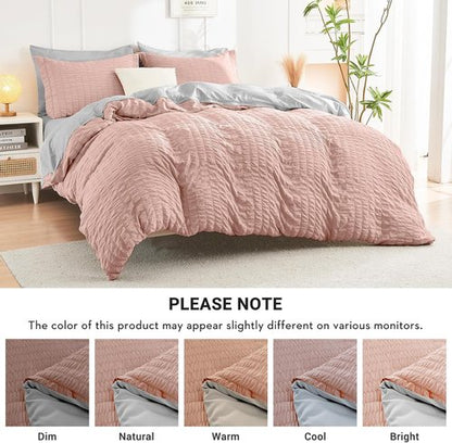 HYMOKEGE Full Size Comforter Set - Luxury 7-Piece Seersucker Bedding in Rose Gold & Light Grey