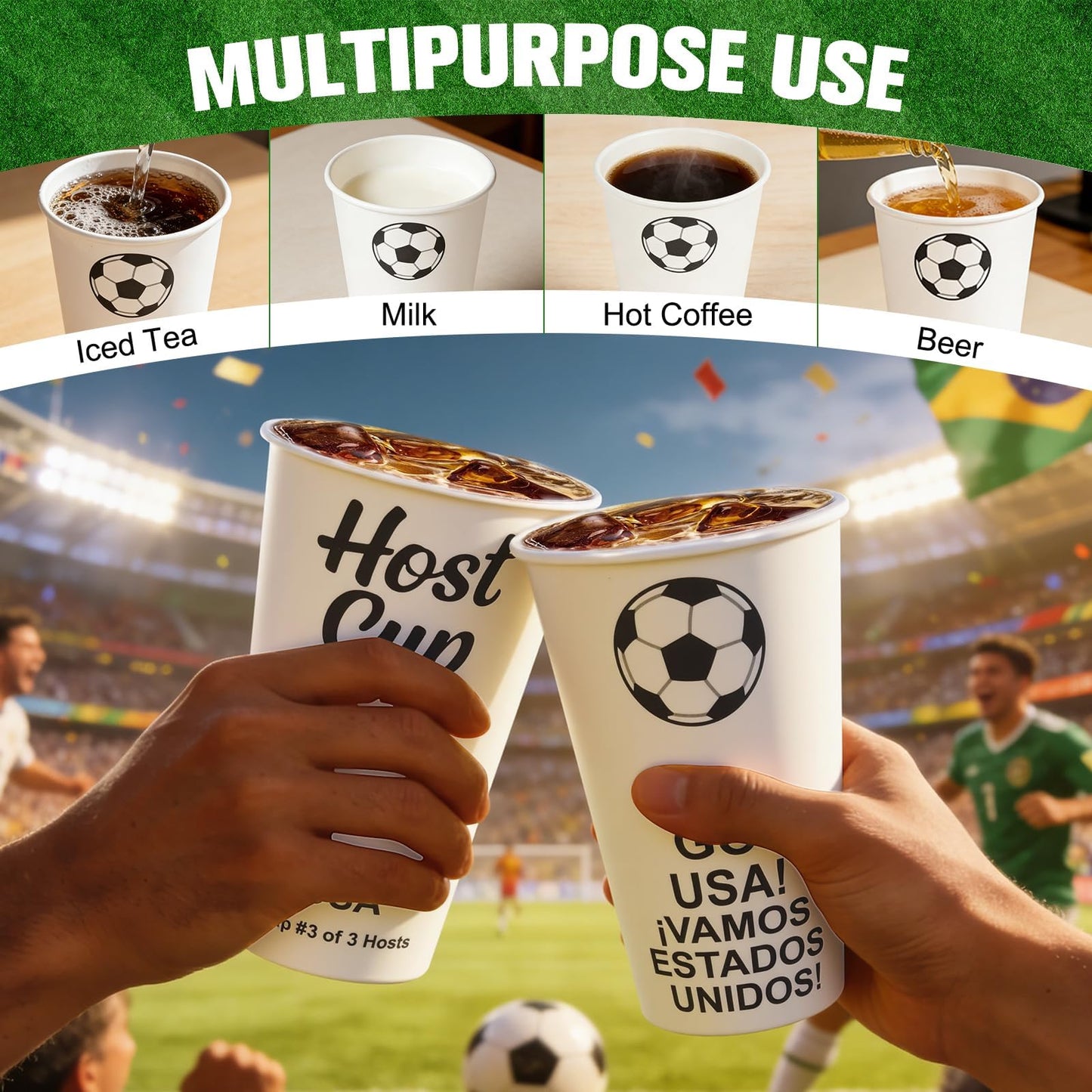 16 oz White Disposable Soccer Party Paper Cups USA (World Host #3) 24 Sets, To-Go Cups with Straws Lids Sleeves for Cold Drink/Hot Beverage, Compostable Water-Based Coating, Soccer Theme Supplies
