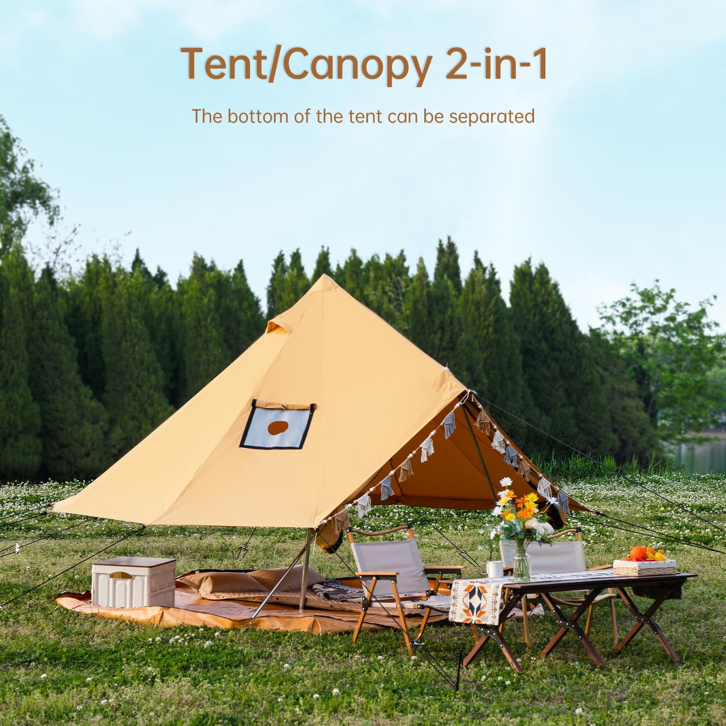 WaldZimmer Canvas Bell Tent 10ft Ginger with Stove Jack and Zipped Removable Floor, Luxury Outdoor Glamping Yurt Cotton Tent for Family Truck Car Camping Hunting Party