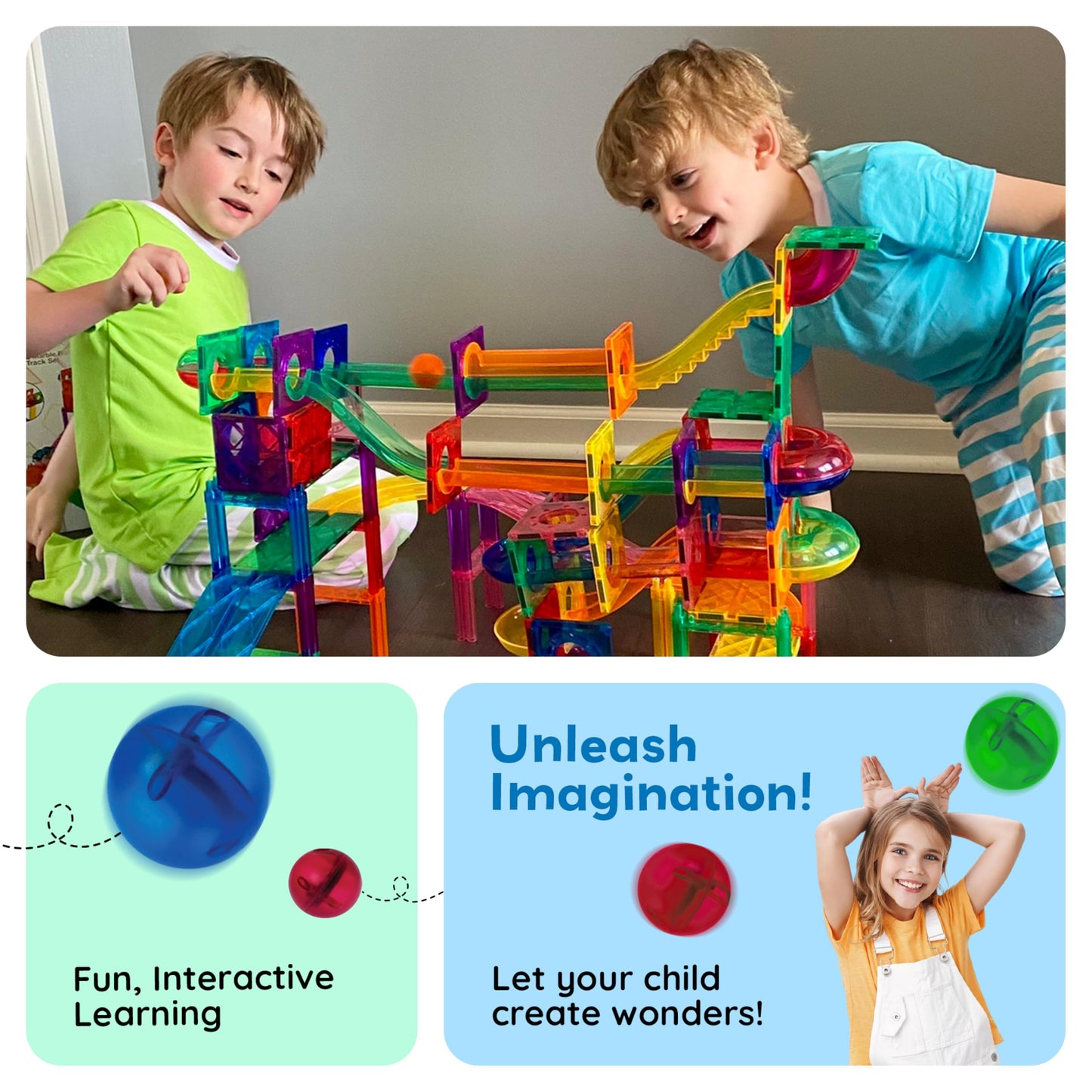 PicassoTiles 70pc Marble Run Magnetic Tiles STEM Set for Kids Ages 3 and Older Magnet Tile Marbles Maze Building Blocks Brain Development Toy Preschool Educational Learning Construction Playset PTG70
