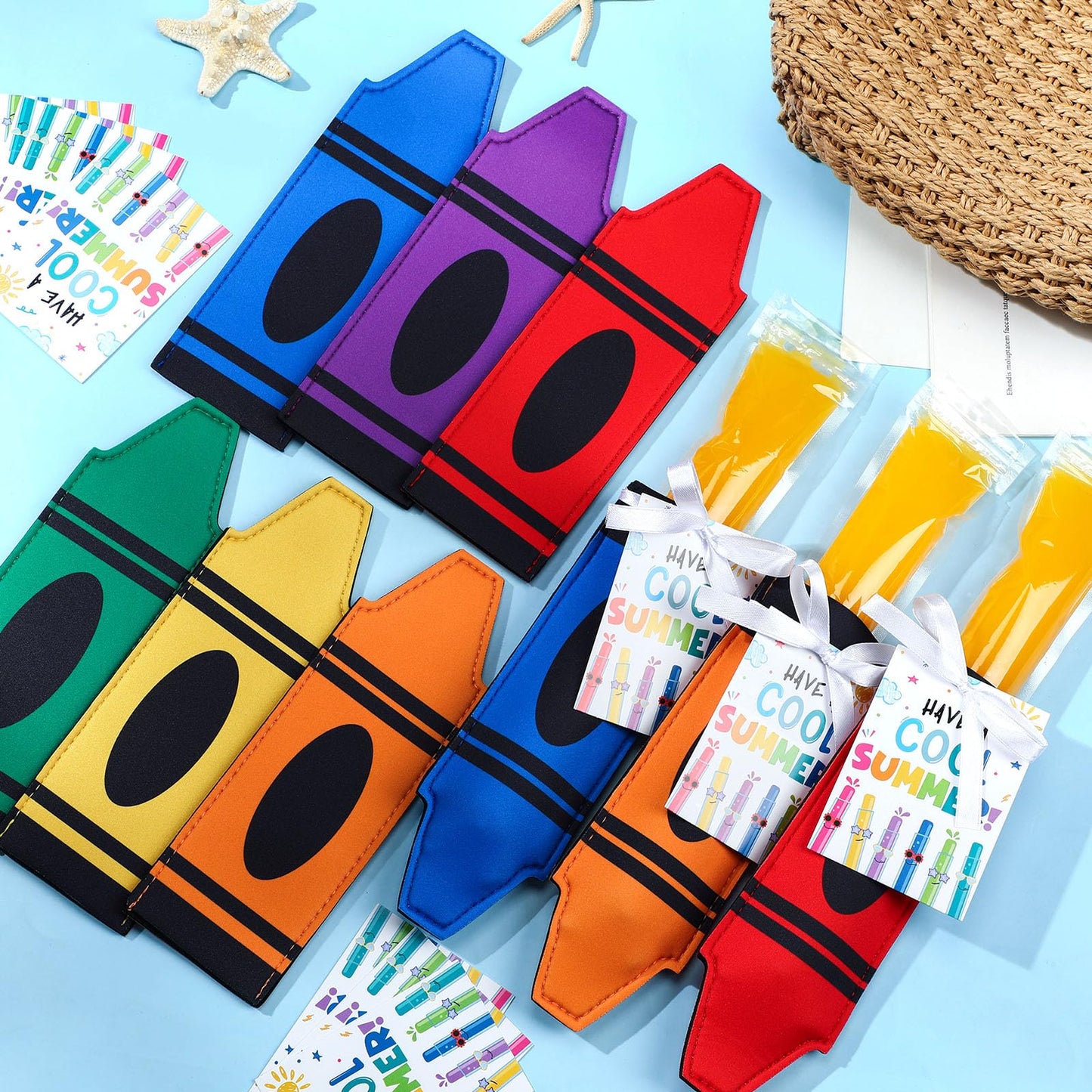Potchen 24 Set Ice Pop Sleeves Reusable Colorful Freezer Neoprene Ice Sleeves Holder Bag with 24 Pcs Gift Cards 1 Roll Ribbon for Classroom Prizes Summer Birthday Party(Crayon)