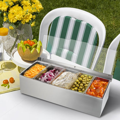 MOLIGOU Chilled Condiment Server, Stainless Steel Chilled Condiment Tray with Lid, Ice Fruit Serving Containers with 5 Removable Compartments