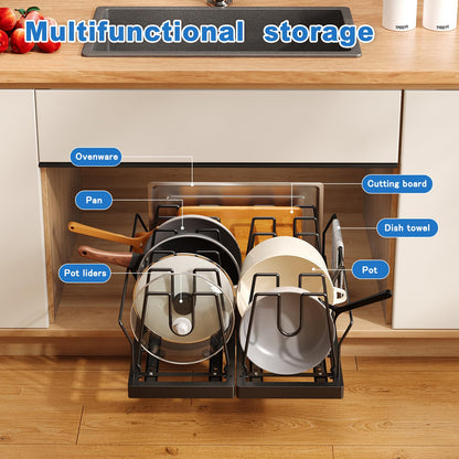 Mustorn Pots and Pans Organizer Under Cabinet, 21.6" Deep Pull Out Pot Lid Organizer Holder with Guardrail Adhesive Pot and Pan Holder Rack with 10 Adjustable Dividers-1 Pack(Black)