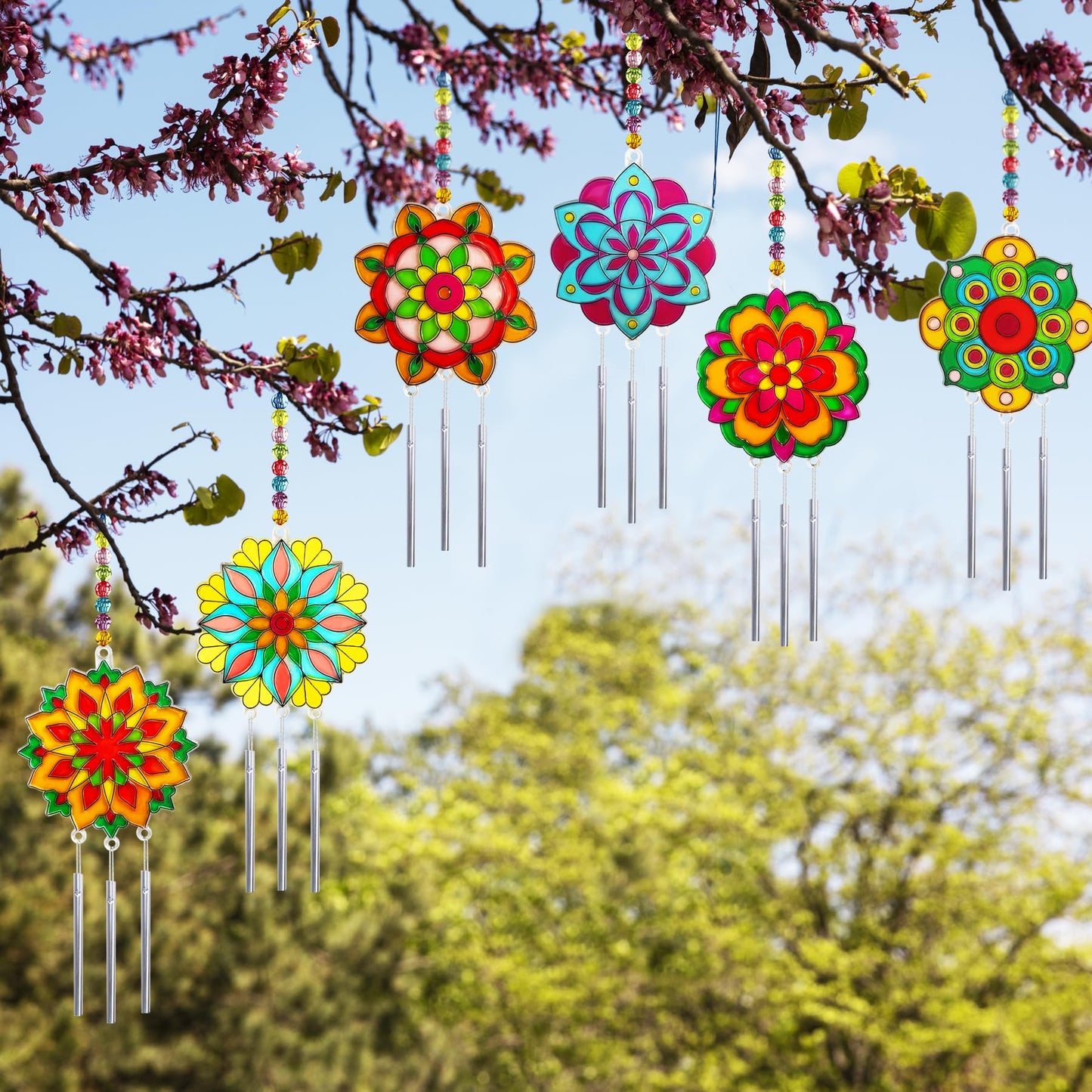 Ayhuhra 30 Sets Mandala Suncatchers Wind Chimes Craft Kits DIY Window Art Suncatcher Mandala Flower Craft Art Kit for Spring Summer Party Activities Art Project Party Favors