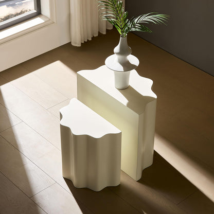 KEIKI Fiberglass Coffee Table Set of 2, Modern Style Round Coffee Table with Wavy Edges Design and Sturdy Pedestal Base, No Assembly Required, for Living Room, Bedroom, Reception Room, Beige