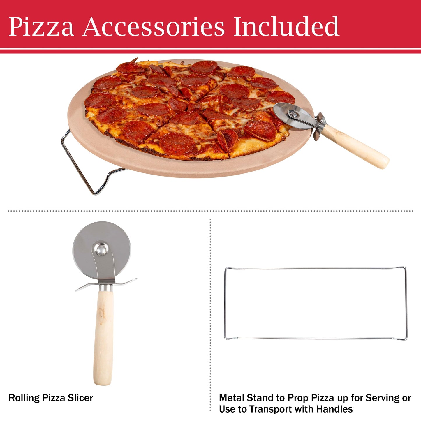 Pizza Stone - 15-Inch Pizza Stone for Oven or Grill with Cutter and Metal Serving Rack/Handles - Oven Accessories by Classic Cuisine