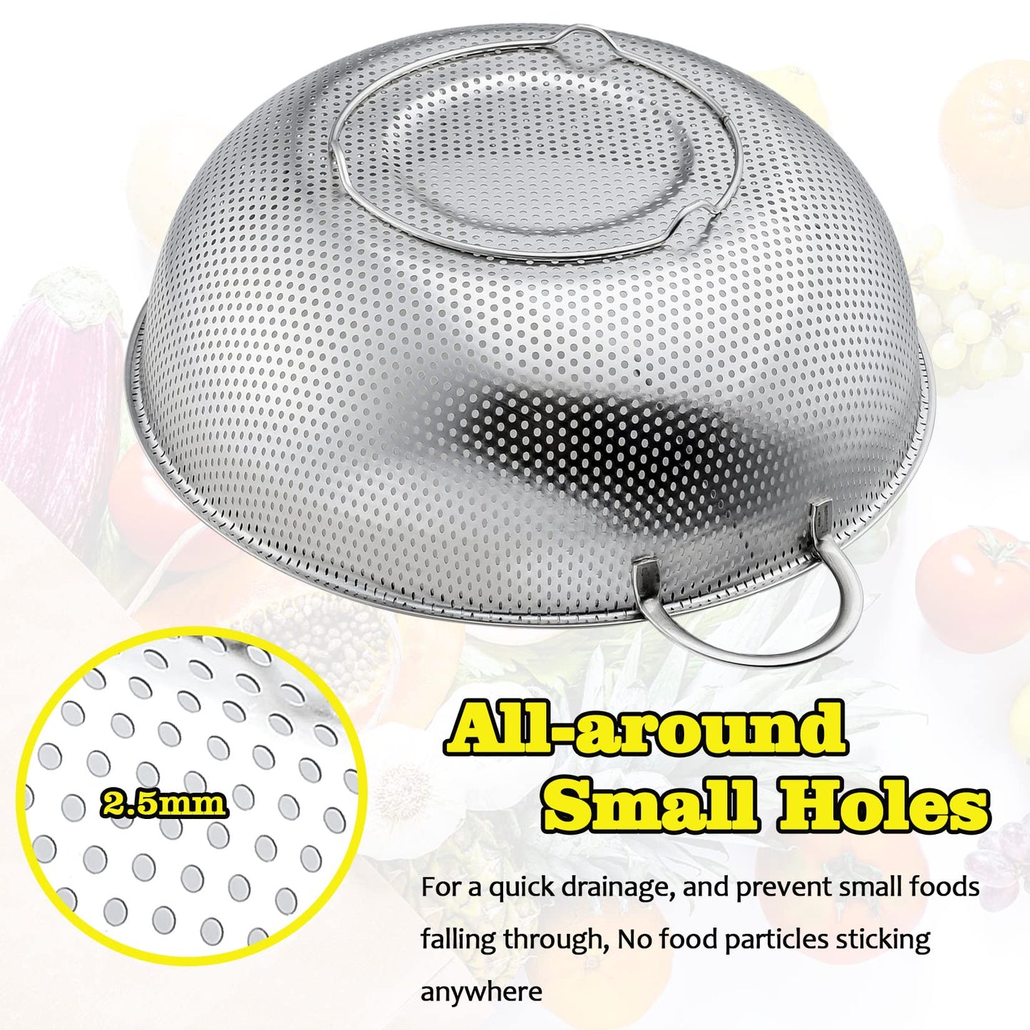 P&P CHEF Stainless Steel Colander, Micro-Perforated Food Strainer with Handle for Washing Draining, Great for Pasta Fruits Vegetables, Dishwasher Safe & Healthy, 1 +3 Qt, 2Pcs