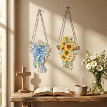 AmazingSpark 12 Pcs Spring Hanging Diamonds Art Kit, 5D DIY Cross Flowers Diamond Painting Pendant Ornament, Religious Diamond Art Kits for Adults Spring Summer Christian Gifts Home Office Wall Decor