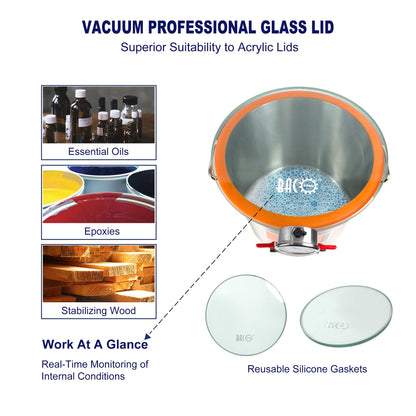 BACOENG 5 Gallon Tempered Glass Lid Vacuum Chamber, Stainless Steel Degassing Chamber for Stabilizing Wood, Degassing Silicones, Epoxies and Essential Oil