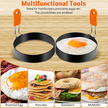 Patelai 6 Pcs Egg Ring Pancake Ring Set Stainless Steel Fried Egg Molds Griddle Pancake Shapers with Silicone Handle for Breakfast Omelette Sandwich (Round Style,4, 6, 8 Inch)
