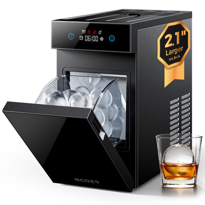 ecozy 2.1" Clear Ice Ball Maker Countertop with CrystalFlux Technology, Minimal Footprint Sphere Ice Maker with 8H Timer, 1 pc in 30 Mins, 48 pcs/Day, Self-Cleaning for Home Bar Whiskey & Bourbon