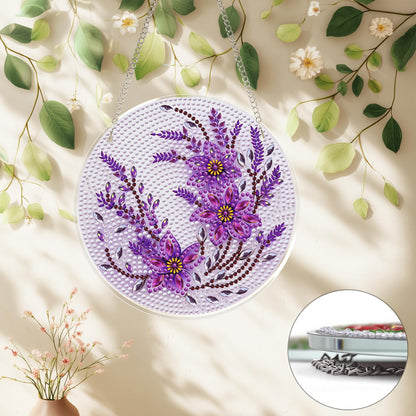 Eiflow Glass Diamond Art Hanging Kit for Adults, DIY Diamonds Painting Door Hanging Board Kit, Special Crystal Diamond Art Painting Pendant Ornament (Purple Flower)