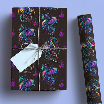 Altarho Dragon Wrapping Paper Roll for Kids Boys Women Men - Neon Dragon Print Mythic Gift Wrap Sheets for Birthday Adult Anime Party Supplies Total 28.5sq.ft