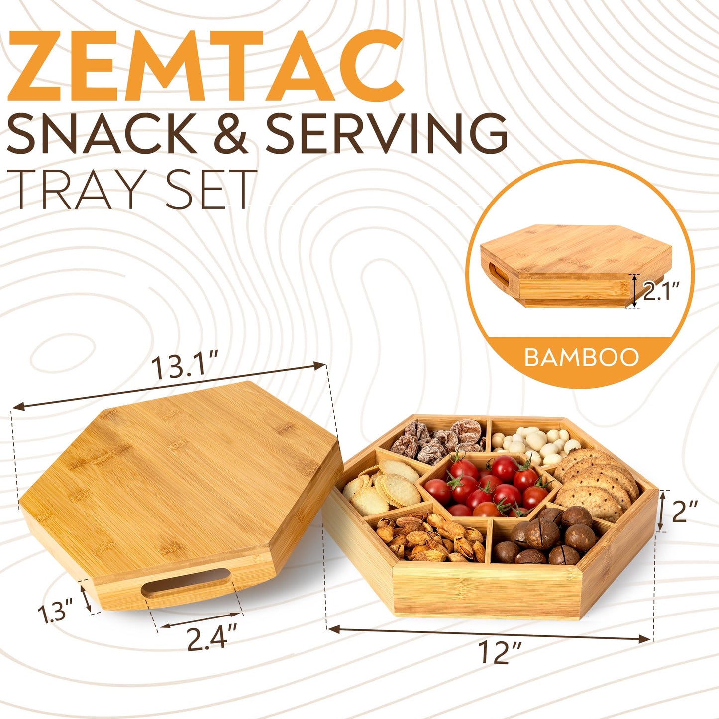 Snack and Serving Tray Set – 13" Divided Bamboo Appetizer Platter for Dry Fruit, Nuts, Cheese and Charcuterie (Bamboo, 13"x11")