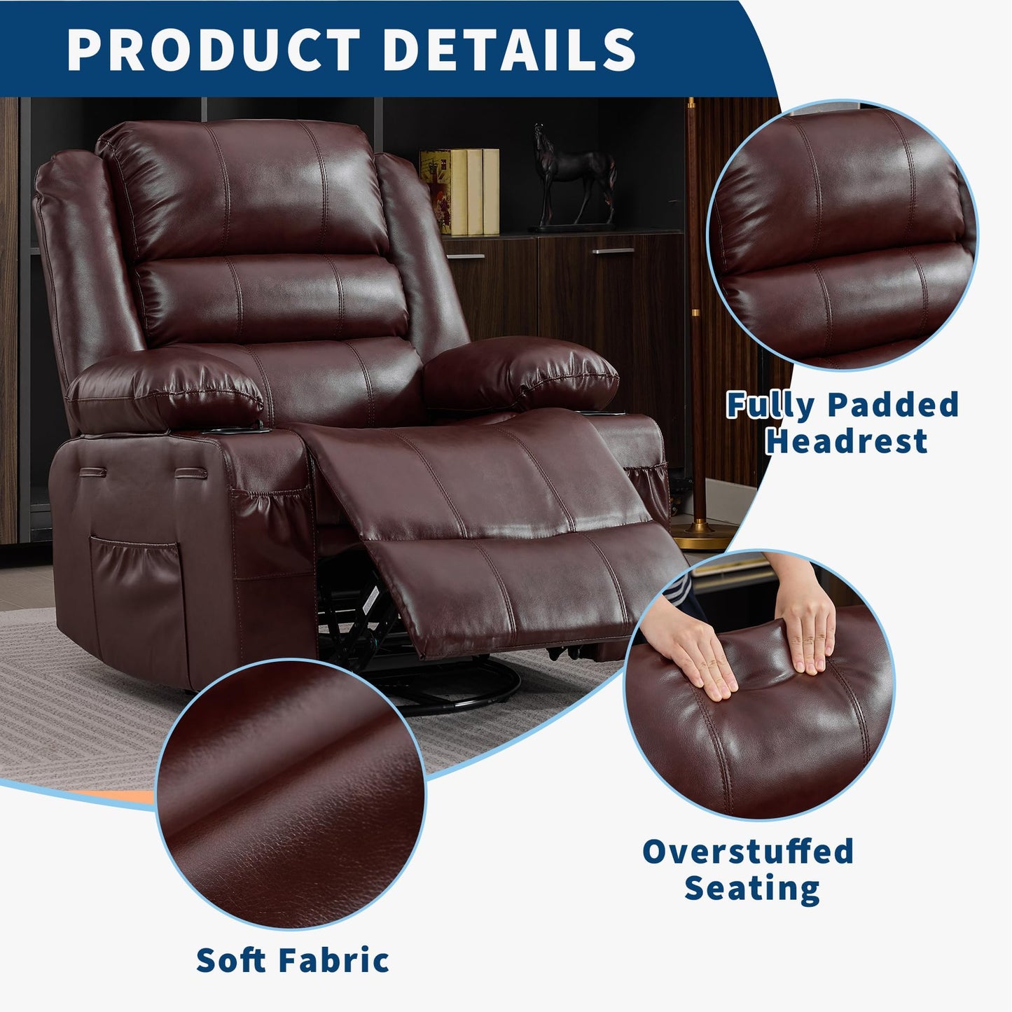 Rocking Recliner Chair for Adults PU Leather Wide Upholstered Glider Recliner with Cup Holder Deep Seat Single Sofa Rocker Chair for Nursery Living Room