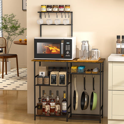 3IngSeagulls Baker's Rack for Kitchen with Storage, Microwave Stand with Adjustable Shelves and 10 S Hooks, 6-Tier Coffee Bar Station, Kitchen Shelves for Spices, Pots, Rustic Brown