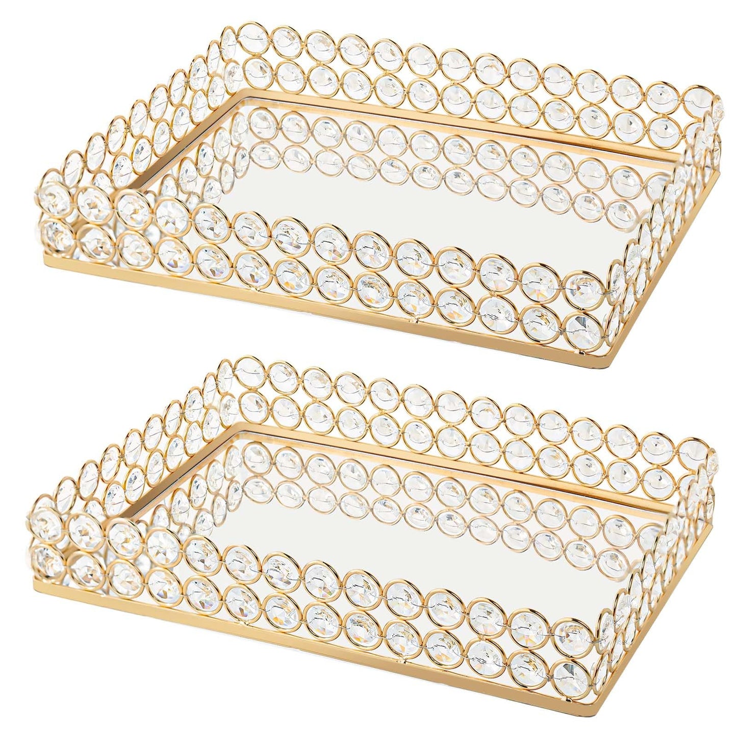 KEHAIL 2 Pcs Gold Metal Crystal Mirror Tray - 11.2"x8.1" Table Centerpieces Tray, Multi-Functional Display for Flowers/Cupcakes/Jewelry, Vanity Organizer & Wedding Dessert Table Accent