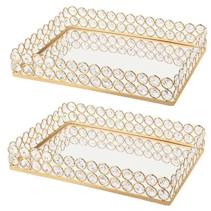 KEHAIL 2 Pcs Gold Metal Crystal Mirror Tray - 11.2"x8.1" Table Centerpieces Tray, Multi-Functional Display for Flowers/Cupcakes/Jewelry, Vanity Organizer & Wedding Dessert Table Accent