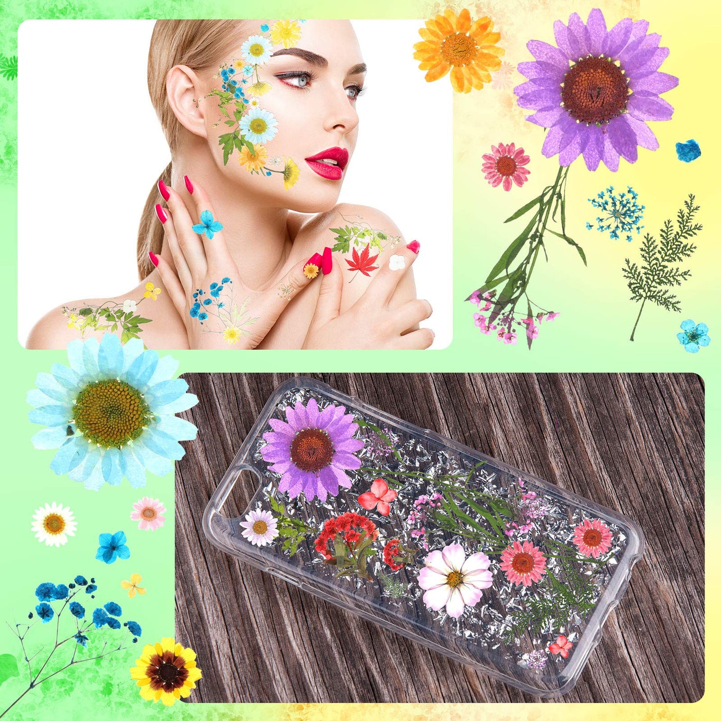 110 Pcs Dried Pressed Flowers for Resin, Real Dry Daisy Flowers and Leaves Bulk with Tweezers and Box Set, Art Crafts Resin Jewelry Making Scrapbook DIY Supplies Card, Soap, Candle Making, Nail Decor
