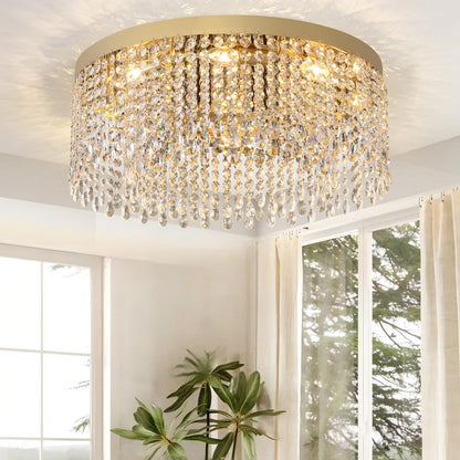 Axamate Modern Crystal Chandelier 24 inch Large Gold Chandeliers Ceiling Light Round Raindrop Chandeliers Flush Mount Lighting Fixture for Living Room Dining Room Bedroom