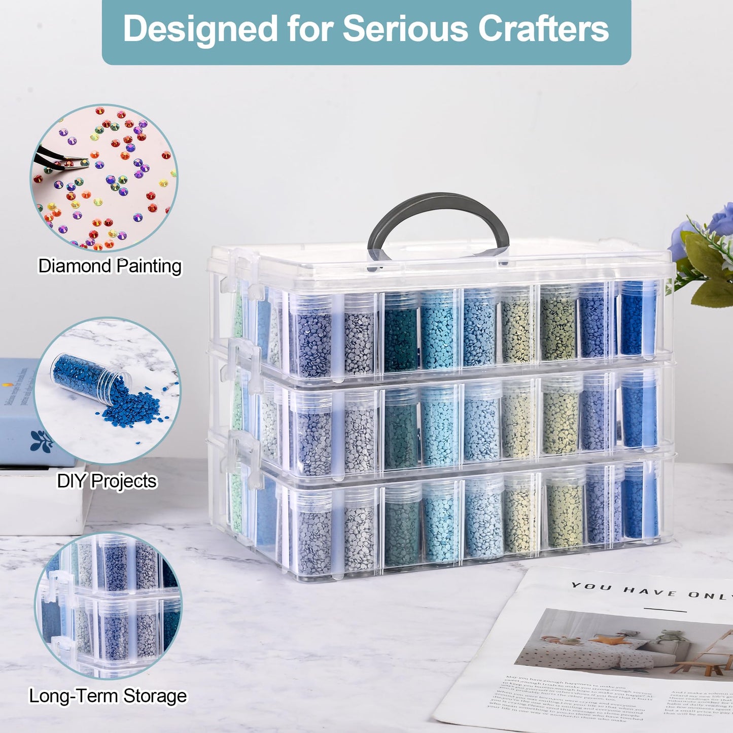 MERATIA Diamond Painting Storage Container, 3-Tier Bead Organizer Box with 150 Slots, Stackable Crafts Organizers for DIY Diamond Art Craft Jewelry Bead Storage