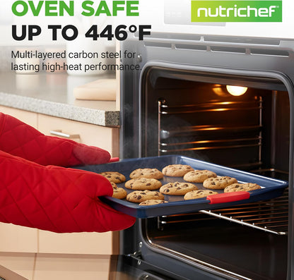 NutriChef Nonstick Cookie Sheets Set - Premium Carbon Steel Baking Trays with Silicone Handles | Large, Medium, Small - Blue
