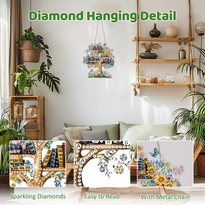 MEIYUDA Book Tree Diamond Art Hanging Kits for Adults Beginners, Book Diamond Painting Suncatchers Kit Ornaments, DIY Special Shaped Rhinestone Window Pendants Kit for Home Garden Wall Decor Gift
