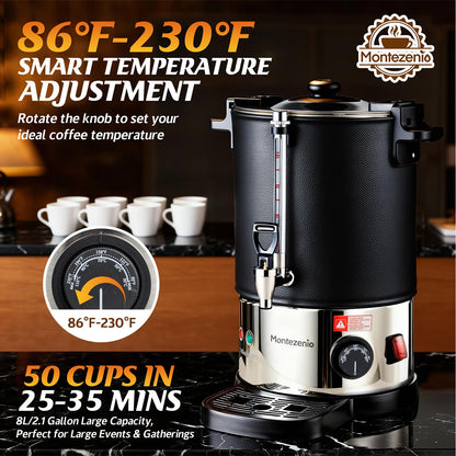 50 Cup Commercial Coffee Urn with Temp Control, 1200W Extra Large Coffee Maker Double Insulated 304 Stainless Steel Coffee Dispenser Hot Water Urn with for Home Party Office Catering (8L/50cups)