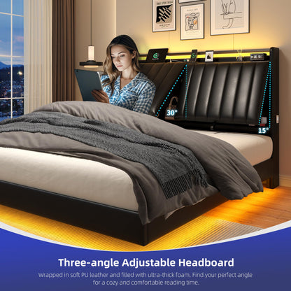 Jocoevol Queen Size Floating Bed Frame with Ergonomic Hidden Storage Headboard and LED Lights, Visual Floating LED Bed Frame with Charing Station, Leather Upholstered Platform Bed, Heavy Duty, Black