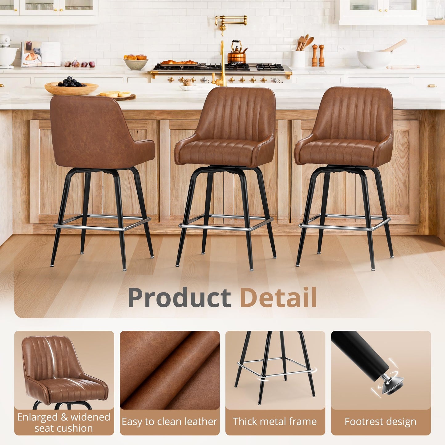 LUE BONA Counter Height Bar Stools Set of 3, 26" H Modern Barstools with Backs, Metal Frames and Brown Faux Leather Upholstered Accent Bar Stools for Kitchen Island
