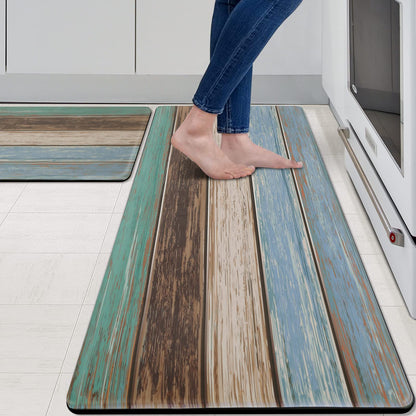 MAYHMYO Kitchen Rugs and Mats Set of 2 Teal Farmhouse Anti Fatigue Mat PVC Non Slip Retro Rustic Wood Texture Kitchen Mats for Floor,17.3 x 29 x 0.4 inch + 17.3 x 47 x 0.4 inch