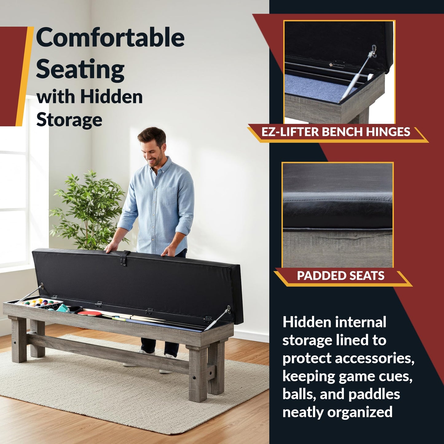 Hathaway Logan 7 Foot Pool Table Combo with Benches – Billiard Table with Ping Pong and Dining Tops – Comes with Complete Game Accessories and Built-In Storage - Rustic Gray Barnwood Finish, Blue Felt