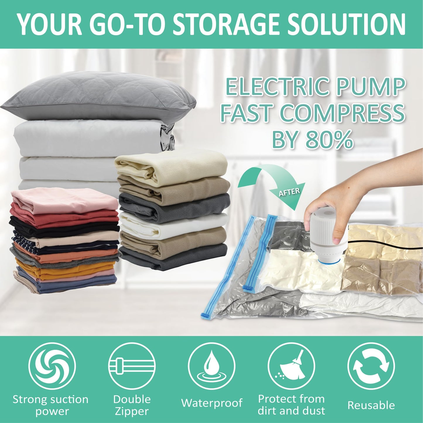 Cozy Essential 20 Pack Vacuum Storage Bags with Electric Pump, Vacuum Seal Bags for Clothing, Pillows, Blanket Bedding Comforters