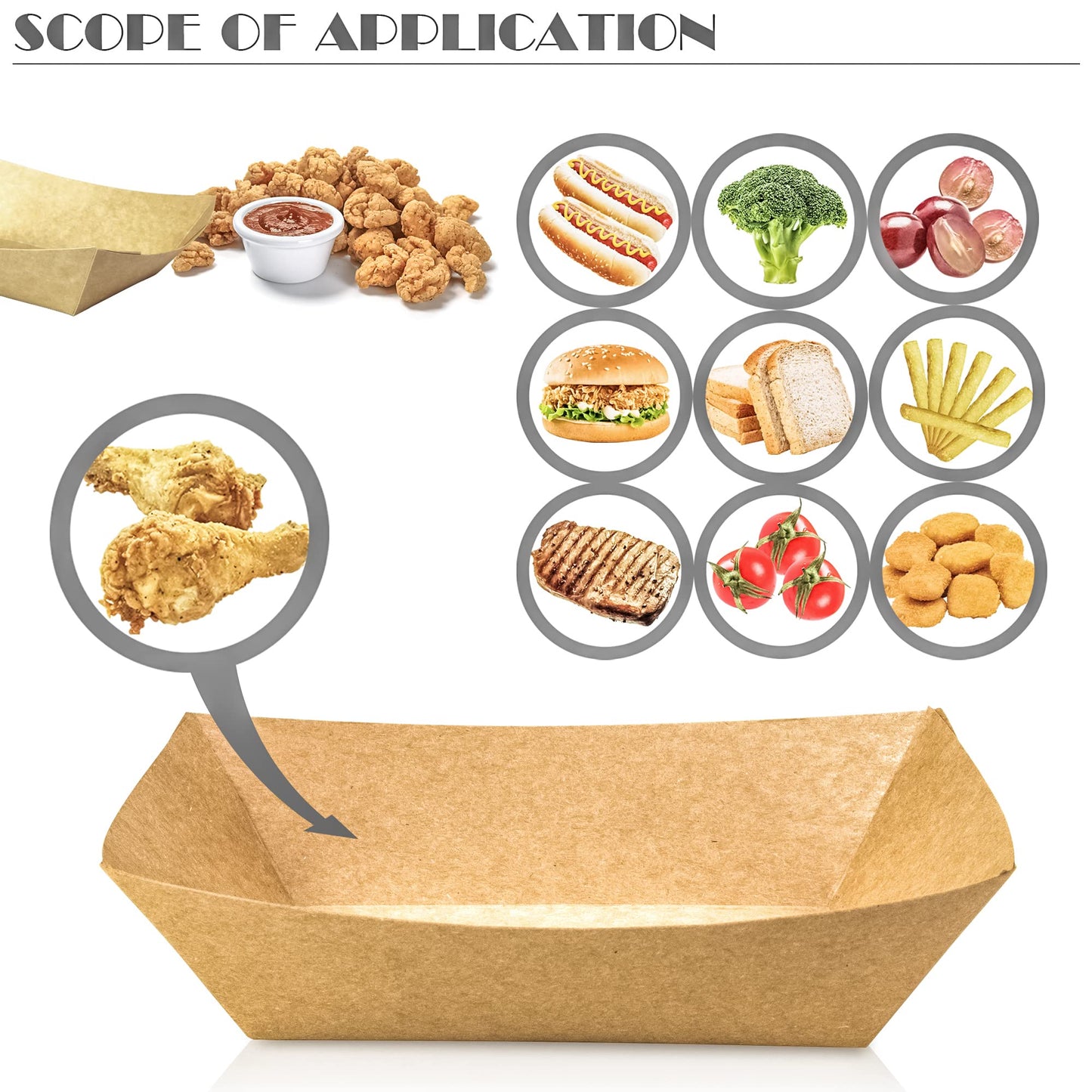 MotBach 100 Pack 2lb Paper Food Trays, Heavy-Duty Paper Food Boat Disposable Serving Basket Tray for French Fries Nachos Snack Hot Dog Taco BBQ Popcorn Party Picnic Wedding Party (Brown)