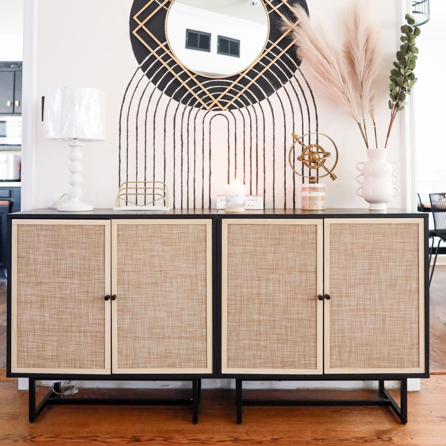 Nathan James Kova Rattan Wood Accent Sideboard Storage Cabinet TV Stand with Matte Metal Frame, Adjustable Shelves and Cane Doors, for Hallway, Entryway or Living Room, Black Oak/Cane, Set of 3